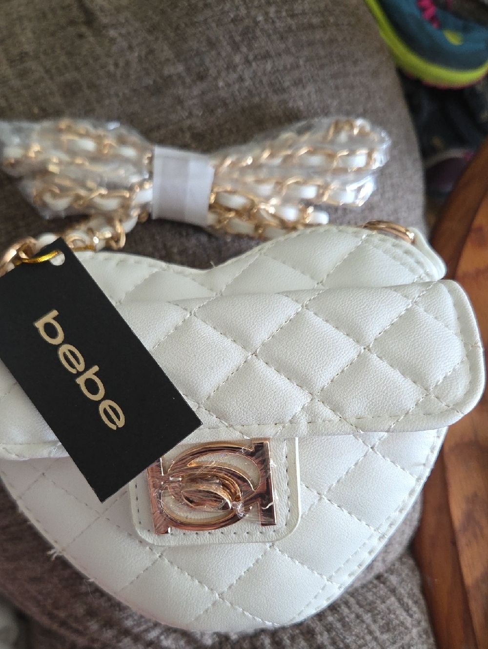 bebe White Quilted Heart Mini Crossbody with Gold Hardware